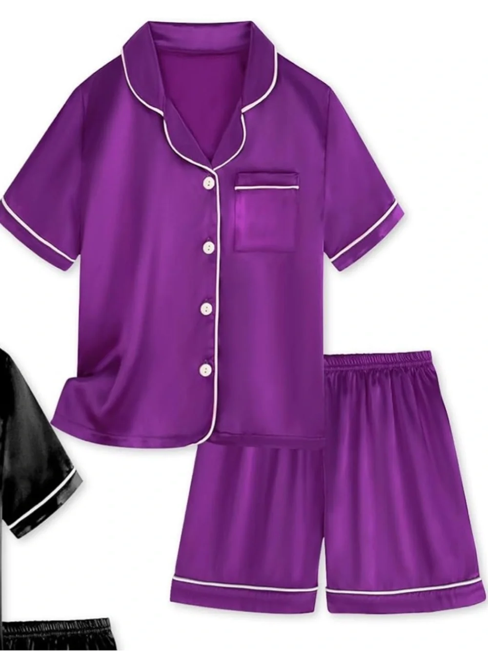 NWT Girls' Purple Satin Short Pajama Set with Contrast Piping